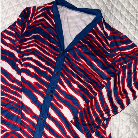 Buffalo Bills Zubaz Print Red White Blue Button Front Tunic Cardigan Dress Sz L - Picture 1 of 6